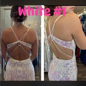 White Iridescent Sequin Open-Back Prom Dress
